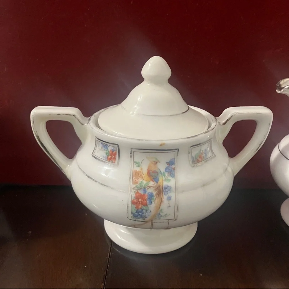 Vtg 1930s Fraunfelter Art Deco Royal Rochester Golden Pheasant Creamer & Sugar
